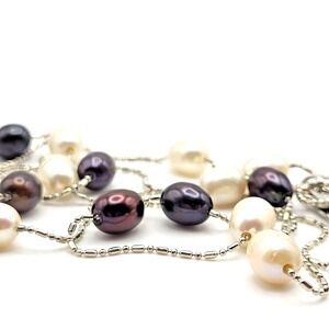 3 Colored Station Freshwater Pearls 34" Silvertone Chain Necklace